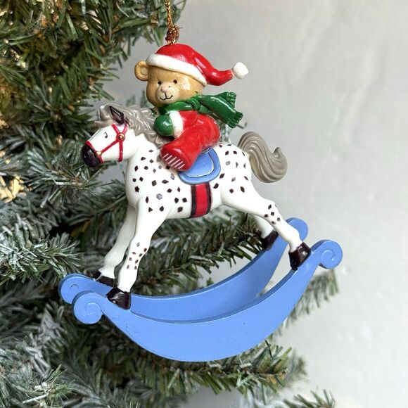 Unbranded Other - Vintage Plastic Rocking Horse with Teddy Bear Ornament Spotted Horse Christmas
